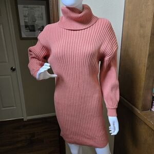 Coral Ribbed Turtleneck Sweater Dress